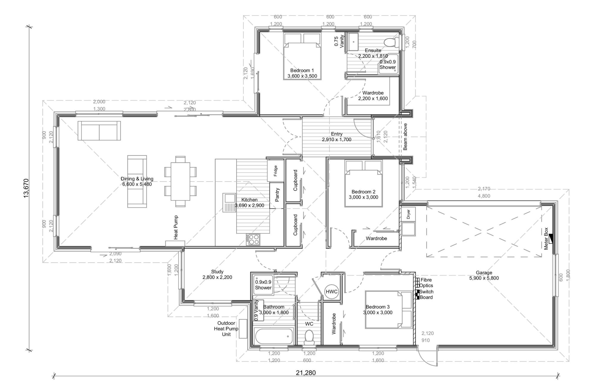 A flat plan of the Blazer - a beautiful and spacious NZ house plan with a 182 m2 floor area, 3 Bedrooms, and 2 Bathrooms.