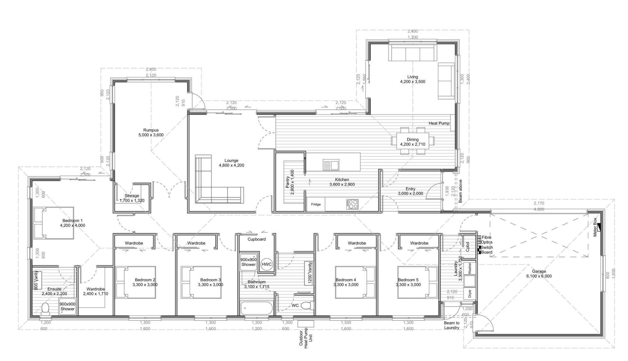 A flat plan of the Fabiola - a beautiful and spacious NZ house plan with a 277 m2 floor area, 5 Bedrooms, and 2 Bathrooms.