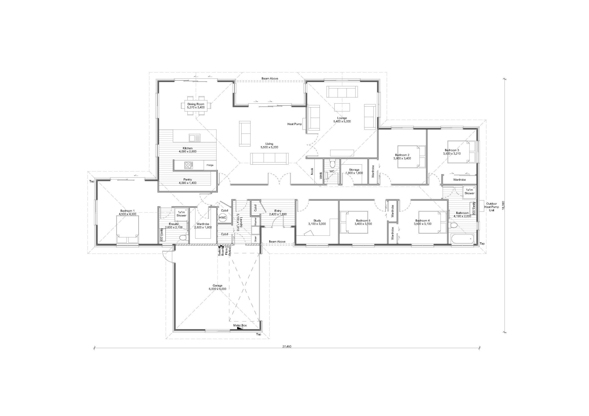 A flat plan of the Clydesdale - a beautiful and spacious NZ house plan with a 304 m2 floor area, 5 Bedrooms, and 2 Bathrooms.
