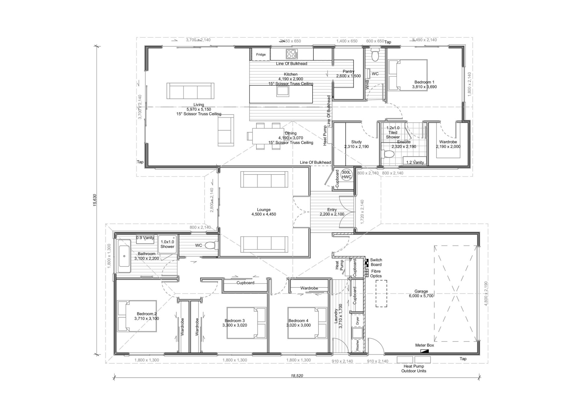 A flat plan of the Sorraia - a beautiful and spacious NZ house plan with a 244 m2 floor area, 4 Bedrooms, and 2 Bathrooms.