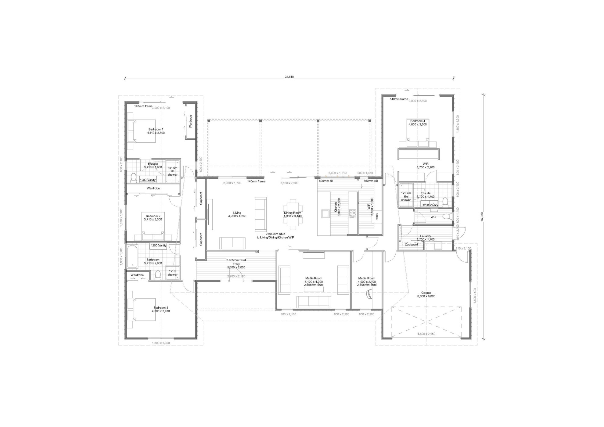 A flat plan of the Warlander - Colonial - a beautiful and spacious NZ house plan with a 282 m2 floor area, 4 Bedrooms, and 4 Bathrooms.