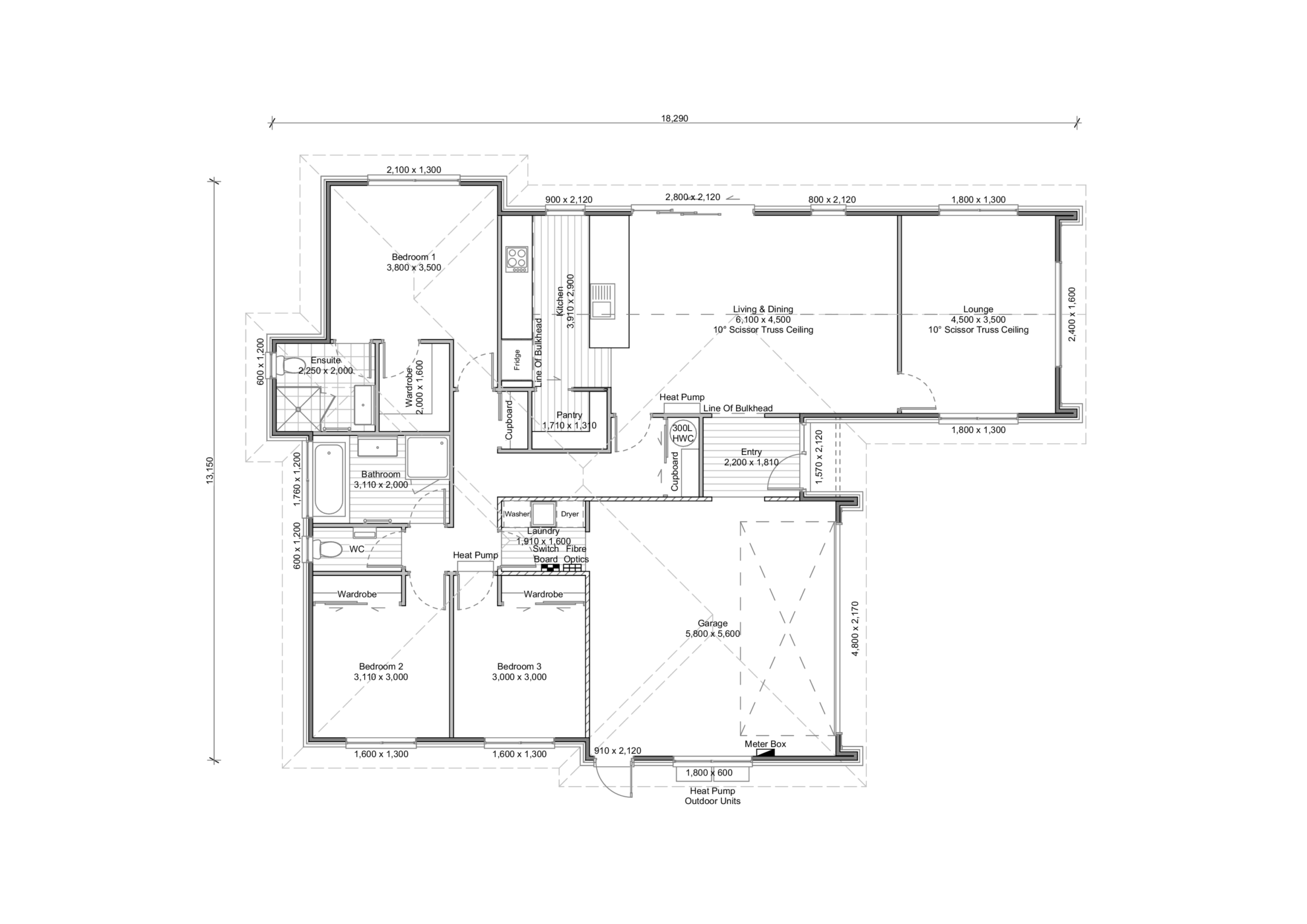 A flat plan of the Admiral - a beautiful and spacious NZ house plan with a 180 m2 floor area, 3 Bedrooms, and 2 Bathrooms.
