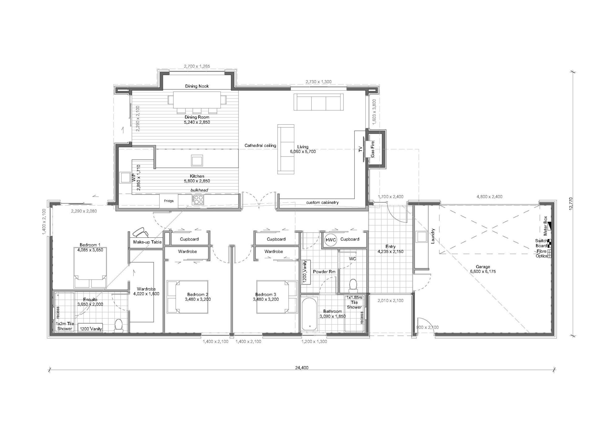 A flat plan of the Sierra - a beautiful and spacious NZ house plan with a 230 m2 floor area, 3 Bedrooms, and 2 Bathrooms.