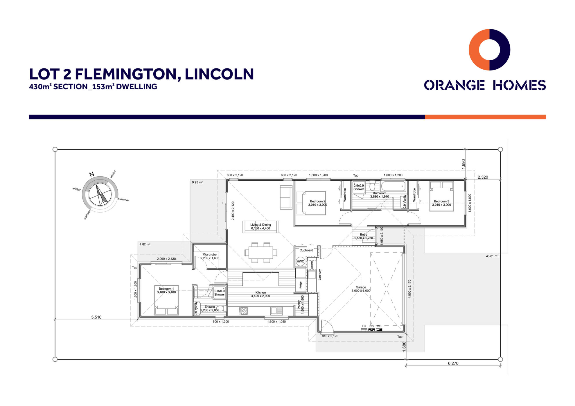 A flat plan of the Flemington Lot 2 showhome - a beautiful and spacious NZ showhome with a 153 m2 floor area, 3 Bedrooms, and 2 Bathrooms.